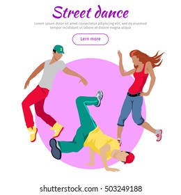 Street dance concept web banner. Flat style vector. Three break dancers, two man and girl dancing.  Contemporary choreography. For dancing school, party, event, festival web page landing design