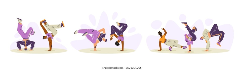 Dança de rua. Um conjunto de ilustrações vetoriais que demonstram movimentos de breakdance, incluindo poses na cabeça e no braço sobre um fundo branco