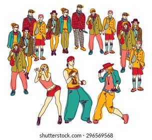 Street dance group people audience isolated. Young people dancing behind audience. Isolate on white color vector illustration.