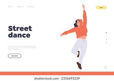 Street dance landing page design template with happy female hip-hop performer cartoon character