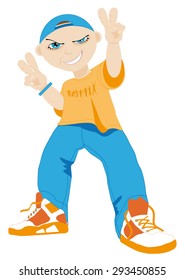 street dancer in a baseball cap and jeans shows a sign of Victory