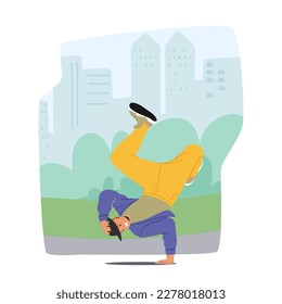 Street Dancer Boy Character Perform Impressive Moves On The Pavement. His Fluid Movements And Expression Showcase The Artistry And Passion Of Street Dance Culture. Cartoon People Vector Illustration