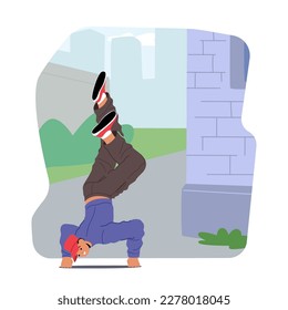 Street Dancer Boy Character Showing Off His Moves With An Intense Facial Expression. Vibrant Energy And Rhythm Of Street Dance Culture, Dance Competitions, Hip-hop Music, Cartoon Vector Illustration