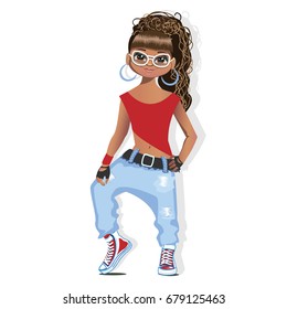 Street dancer. A girl in bright clothes for a dance. Vector illustration