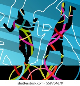 Street dancers young active and healthy people silhouettes vector background illustration