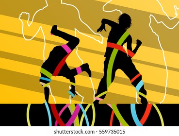 Street dancers young active and healthy people silhouettes vector background illustration