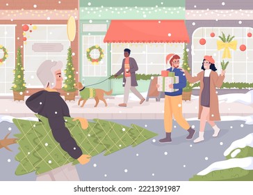 Street decorated for Christmas flat color vector illustration. Xmas holiday fuss. Winter season. Fully editable 2D simple cartoon characters with festive Christmas atmosphere on background