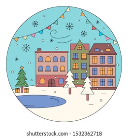 Street decorated for winter holidays vector. City view with buildings and nature. Homes and ice rink in front of house. Pine tree with presents under fir and ground covered with snow and snowflakes