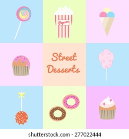 Street desserts set. Lollipop, popcorn, ice cream, muffin, cotton candy, caramel apple, donuts, cupcake.