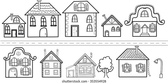 Street with different houses, a tree and a lantern, on a transparent background, child's drawing, sketch