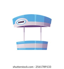 Street diner Cafe, snacks shop small building flat icon. Vintage blue facade of a cafe with a canopy, signboard. Fast food restaurant kiosk, bar. Vector cartoon illustration isolated