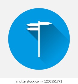 Street direction indicator on blue background. Travel direction symbol with long shadow.  Layers grouped for easy editing illustration. For your design.
