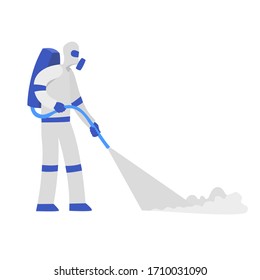 Street disinfection, a person pours the street with a special solution. vector illustration. coronavirus