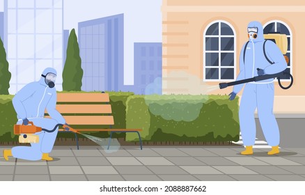 Street disinfection spraying poison from pests vector flat illustration. Man in protective uniform sanitizing disinfectant pandemic outbreak prevention. Hygienic control service use chemical pesticide