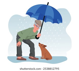 Concepto de la adopción del perro de la calle, un hombre mayor amable protege a un pequeño perro de la lluvia. Ilustración vectorial.