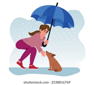 Concepto de adopción de perro de la calle, una mujer amable protege a un pequeño perro de la lluvia. Ilustración vectorial.