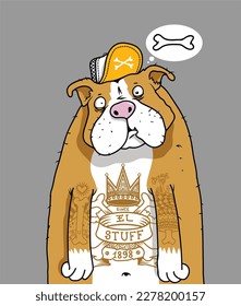 Street Dog in a Cap and with a Tattoo thinking about the Bone Funny Vector Illustration