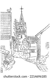 Street of downtown. Town hall with spiers and weathercocks of a medieval castle. Heidelberg, Germany. Hand drawn vector illustration. For printing postcards, posters. 