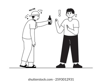 Street drunkard disturbing people to the point of fear, semi outline style, black and white, social issue vector illustration.