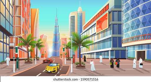 Street in Dubai, cityscape of city in uae. United Arab emirates skyline with skyscrapers and modern luxury sportscars. Citizens and exterior of buildings appartmens of Dubai town, architecture vector