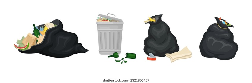 Street Dustbin and Sack as Trash Container for Garbage Vector Set