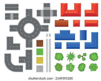 Los elementos de la calle asignan la vista superior. Objetos urbanos, edificios y casas con techos. Árboles y arbustos. Baldosa peatonal. Pavimento y partes de la carretera. Kit de avión urbano. Vector