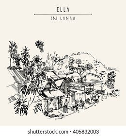 Street in Ella village, Sri Lanka, Asia. Trees, houses, man wearing a sarong. Travel sketch. Hand-drawn vintage book illustration, touristic postcard or poster template in vector