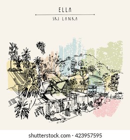 Street in Ella village, Sri Lanka, Asia. Trees, houses, man wearing a sarong. Travel sketch. Hand-drawn vintage book illustration, touristic postcard or poster template in vector