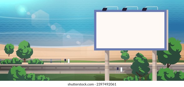 Straße leere Plakatwand auf der Autobahn in der Nähe des Strandes. Reklametafeln auf der Straße, Kopienraum. Landschaftsflache Illustration