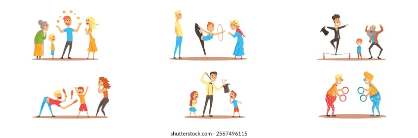 Street Entertainer and Performer Acting Show Trick Vector Set