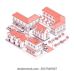 Street of a European town - vector isometric illustration