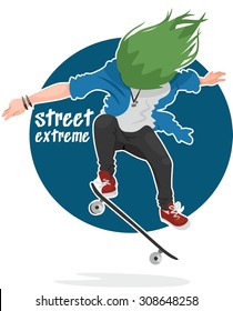 street extreme haired skater performs a trick