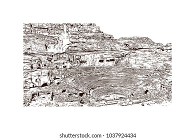 The street of facades Petra, Jordan. Hand drawn sketch illustration in vector.