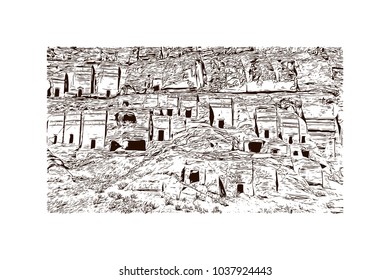 The street of facades Petra, Jordan. Hand drawn sketch illustration in vector.