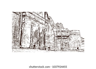 The street of facades Petra, Jordan. Hand drawn sketch illustration in vector.