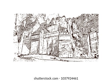 The street of facades Petra, Jordan. Hand drawn sketch illustration in vector.