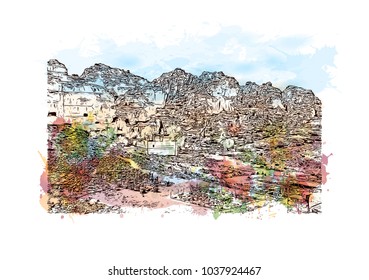 The street of facades Petra, Jordan. Watercolor splash with Hand drawn sketch illustration in vector.