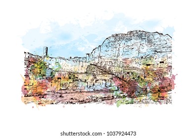 The street of facades Petra, Jordan. Watercolor splash with Hand drawn sketch illustration in vector.