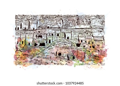 The street of facades Petra, Jordan. Watercolor splash with Hand drawn sketch illustration in vector.