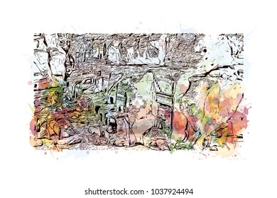 The street of facades Petra, Jordan. Watercolor splash with Hand drawn sketch illustration in vector.