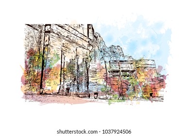 The street of facades Petra, Jordan. Watercolor splash with Hand drawn sketch illustration in vector.