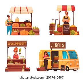 Street fair 2x2 design concept set of local farmers selling eco products outdoor in summer trade tents cartoon vector illustration