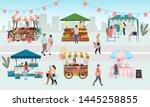 Street fair flat vector illustration. Outdoor market stalls, summer trade tents with sellers and buyers. Flowers, farmers food and products, clothes city kiosks. Local urban shops cartoon concept