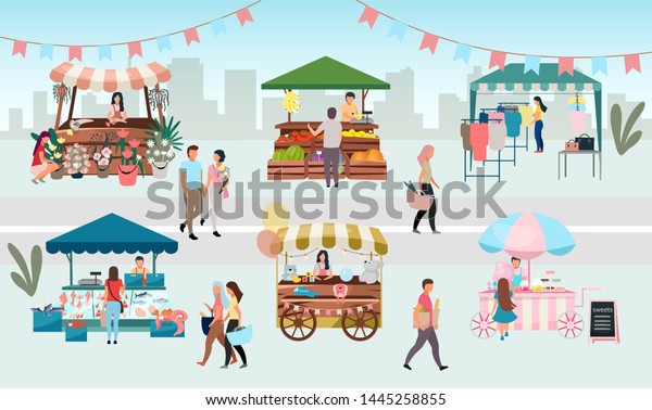 Street fair flat vector illustration. Outdoor
market stalls, summer trade tents with sellers and buyers. Flowers,
farmers food and products, clothes city kiosks. Local urban shops
cartoon concept