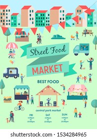 Street fair food market vector illustration. Outdoor market stalls, summer trade tents with sellers and buyers. 
