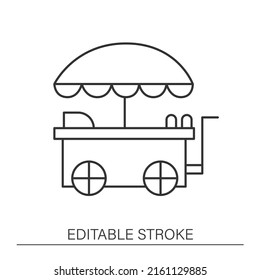  Street fair line icon. Food cart. Preparing and selling dishes. Commercial vehicle. Mobile retail outlet. Food truck concept. Isolated vector illustration. Editable stroke