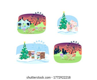 Street fair semi flat vector illustrations set. Amusement park carnival and christmas festive market with kiosks. Summer and winter festival 2D cartoon backgrounds pack for commercial use