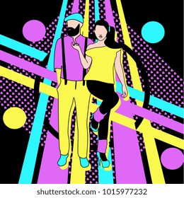 Street fashion of couple with memphis trendy 90s style. Abstract geometric background.