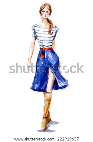 street fashion. a girl walking. Summer look. watercolor painting. Vector illustration.