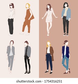 Street fashion girls, fashionable style on a casual day. working women style vector characters.